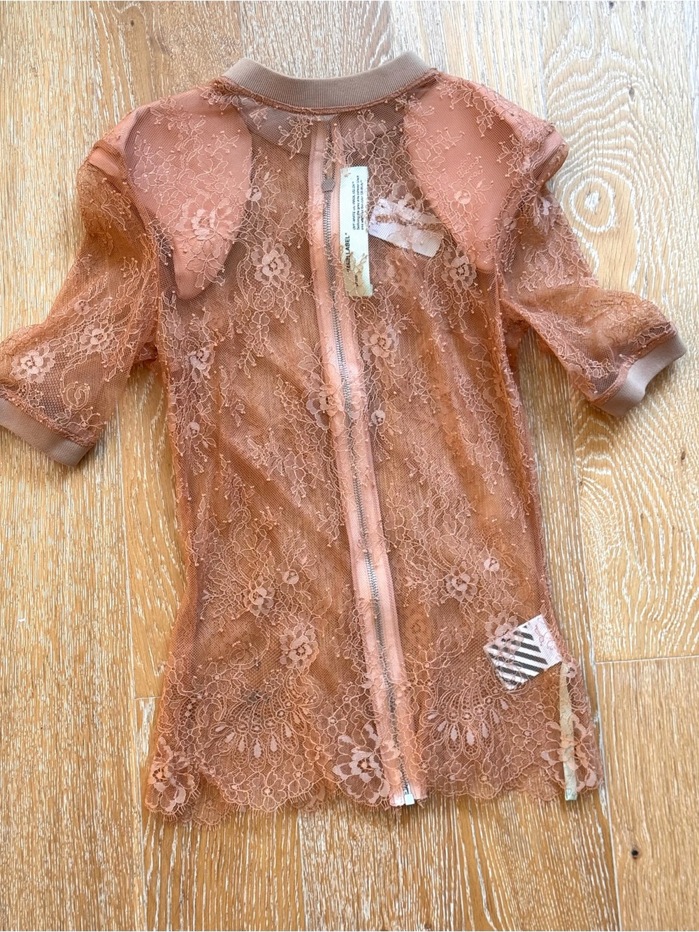 Off-White Sheer Floral Lace Zip-Back Top in Dusty Peach